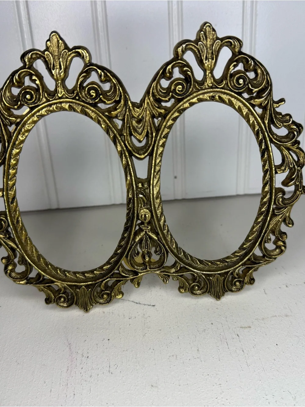 Antique Brass Tone Double Oval Frame with Stand, Vintage Art Nouveau Ornate Fram